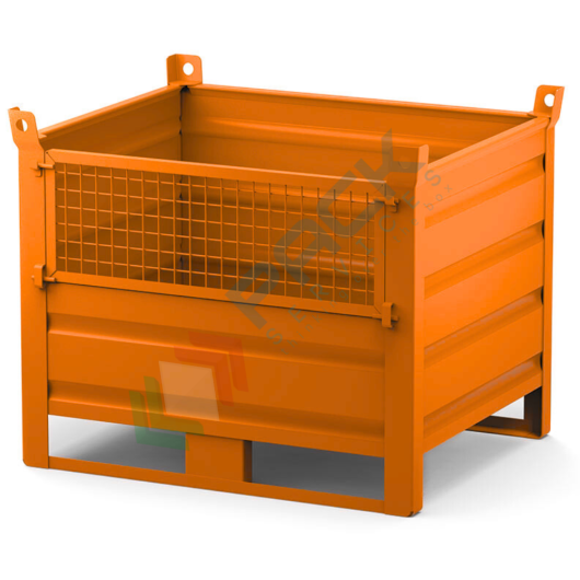 Contenitore in lamiera con slitte lato lungo e anta in rete, Mis. 1200 L x 800 P x 845 H mm, portata 1000 Kg, colore arancio RAL 2004