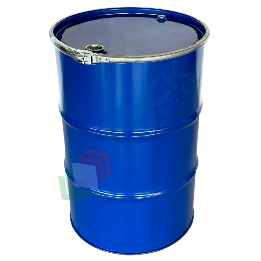 Fusto in ferro cilindrico ad apertura totale, capacità 220 Lt, ADR/ONU per liquidi, Mis. Ø 595 x 885 H mm, corpo blu interno grezzo, coperchio con cravatta e tappi Tri-sure (inclusi)