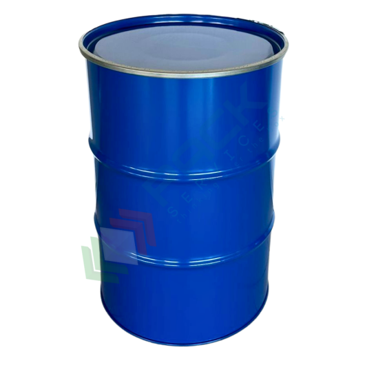 Fusto in ferro cilindrico ad apertura totale, capacità 220 Lt, Mis. Ø 595 x 885 H mm, omologato ADR/ONU per solidi, corpo blu interno grezzo, coperchio con cravatta (incluso)