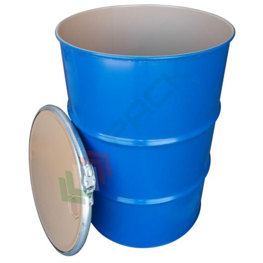 Fusto in ferro cilindrico ad apertura totale, capacità 220 Lt, Mis. Ø 595 x 885 H mm, omologato ADR/ONU per liquidi, corpo blu interno laccato, coperchio con cravatta (incluso)