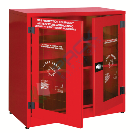 Armadio di sicurezza per deposito DPI, Mis. 1075 L x 500 P x 1100 H mm, 2 ante con vetro frangibile, 2 ripiani, colore rosso RAL 3000
