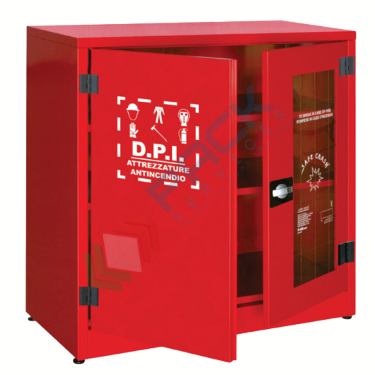 [ARMD-1C] Armadio di sicurezza per deposito DPI, Mis. 1075 L x 500 P x 1100 H mm, 2 ante di cui 1 con vetro frangibile, 2 ripiani, colore rosso RAL 3000