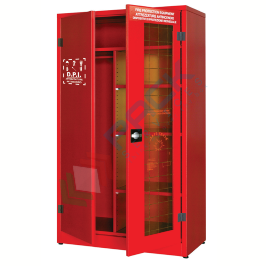 [ARMD-2D] Armadio di sicurezza per deposito DPI, Mis. 1075 L x 500 P x 1850 H mm, 2 ante di cui una con vetro frangibile, 3 ripiani, colore rosso RAL 3000