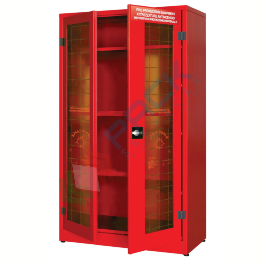 [ARMD-2E] Armadio di sicurezza per deposito DPI, Mis. 1075 L x 500 P x 1850 H mm, 2 ante con vetro frangibile, 3 ripiani, colore rosso RAL 3000