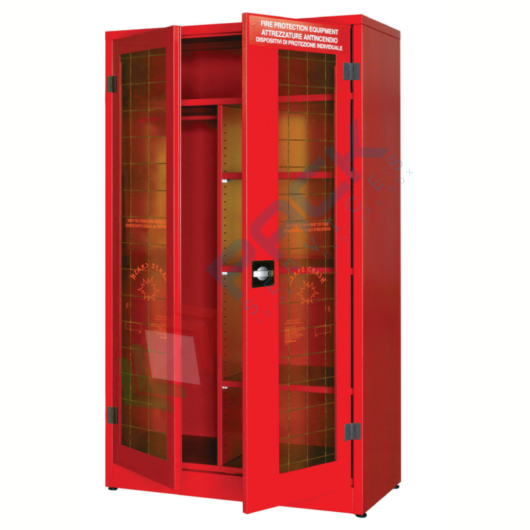 [ARMD-2F] Armadio di sicurezza per deposito DPI, Mis. 1075 L x 500 P x 1850 H mm, 2 ante con vetro frangibile, 3 ripiani, colore rosso RAL 3000