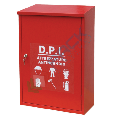 [ARMD-M6] Armadio di sicurezza per deposito DPI, Mis. 450 L x 250 P x 650 H mm, 1 anta cieca, 2 ripiani e tettuccio inclinato, colore rosso RAL 3000