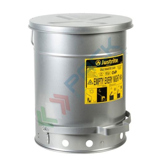 Bidone di sicurezza per rifiuti oleosi, capacità 34 Lt, apertura a pedale, coperchio con SoundGard, colore argento