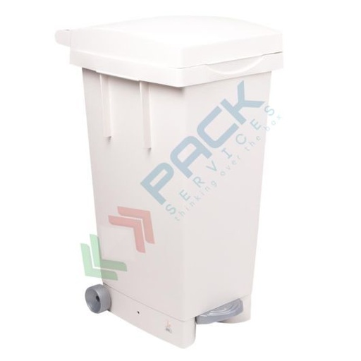 [BPED80-BIA] Bidone spazzatura per la raccolta differenziata rifiuti, capacità 80 Lt, con ruote, pedale e anello fermasacco, chiusura con coperchio a cerniera, colore bianco