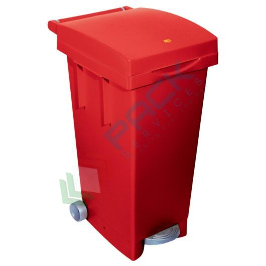[BPED80-ROS] Bidone spazzatura per la raccolta differenziata rifiuti, capacità 80 Lt, con ruote, pedale e anello fermasacco, chiusura con coperchio a cerniera, colore rosso