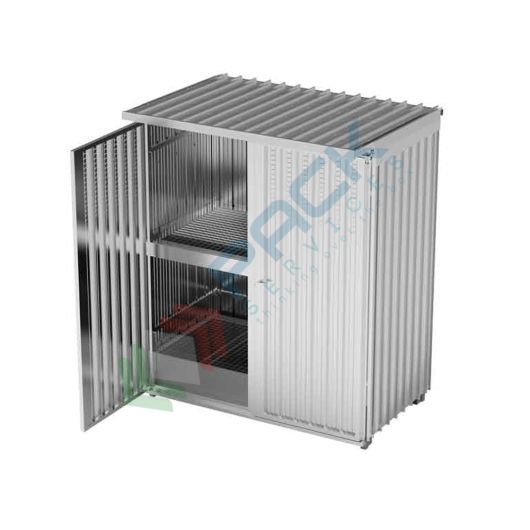 Container modulare con porta a battente per lo stoccaggio esterno con vasca di contenimento 1350 Lt, stoccaggio 4 IBC / 12 fusti / 4 posti pallet