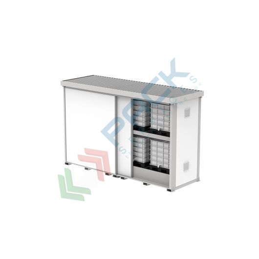 [CNT-REI120/08] Container coibentato con pannelli EI120 con porte scorrevoli per lo stoccaggio esterno con vasca di contenimento 2900 Lt, stoccaggio 8 IBC / 24 fusti / 8 posti pallet