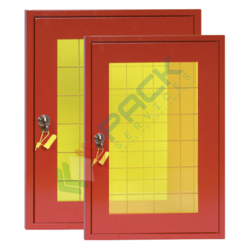 [COR70] Cornice da parete per manichetta UNI70 con 1 anta con lastra frangibile, Mis. 590 L x 30 P x 730 H mm, chiusura a sigillo in zama nichelata, colore rosso RAL 3000