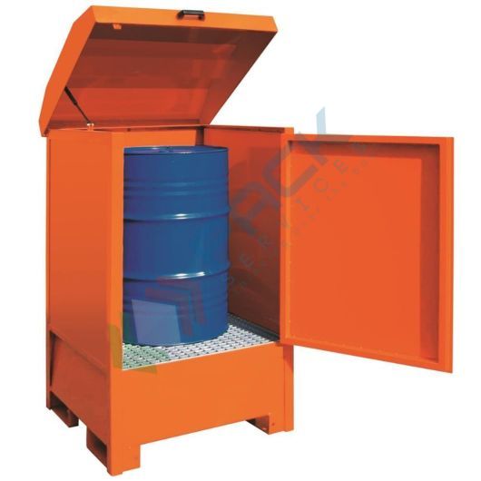 [DEPF-1A] Deposito di stoccaggio per 1 fusto, in acciaio, volume di raccolta 240 Lt, Mis. 920 L x 950 P x 1600 H mm, colore arancio RAL 2004