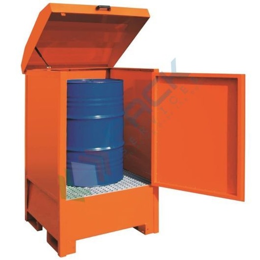 [DEPF-1A] Deposito di stoccaggio per 1 fusto, in acciaio, volume di raccolta 240 Lt, Mis. 920 L x 950 P x 1600 H mm, colore arancio RAL 2004
