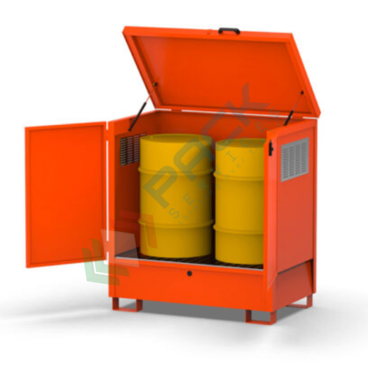 [DEPF-2A] Deposito di stoccaggio in acciaio per 2 fusti da 200 Lt, con tetto apribile, volume di raccolta 200 Lt, Mis. 1350 L x 850 P x 1465 H mm, colore arancio RAL 2004