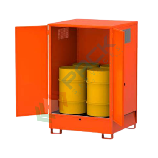 [DEPF-4A/TET] Deposito di stoccaggio in acciaio per 4 fusti da 200 Lt, con tetto fisso, volume di raccolta 300 Lt, Mis. 1310 L x 1210 P x 2100 H mm, colore arancio RAL 2004