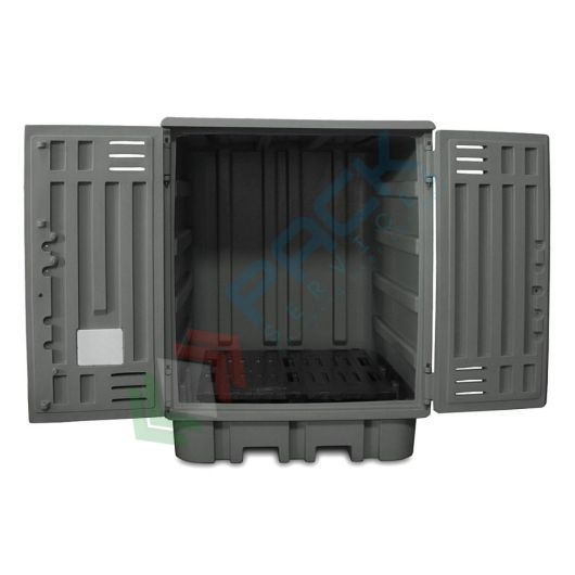 [DEPP-4F] Deposito di stoccaggio per 4 fusti o taniche, in plastica (PE), volume di raccolta 500 Lt, Mis. 1540 L x 1600 P x 1980 H mm, colore grigio