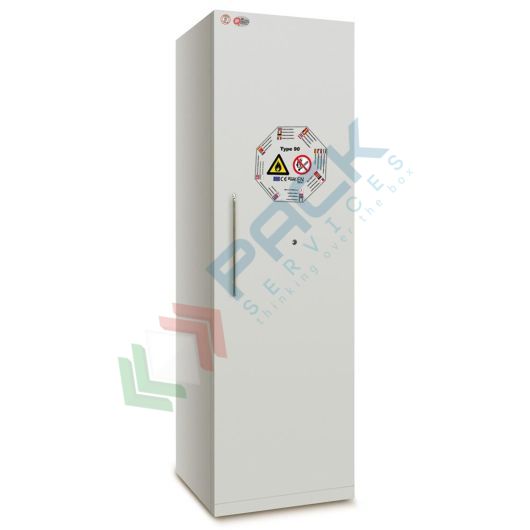 [INF-M059DG] Armadio di sicurezza per infiammabili Type 90, Mis. 595 L x 600 P x 2050 H mm, ripiani in acciaio verniciato, anta con maniglia esterna apertura DX, colore grigio