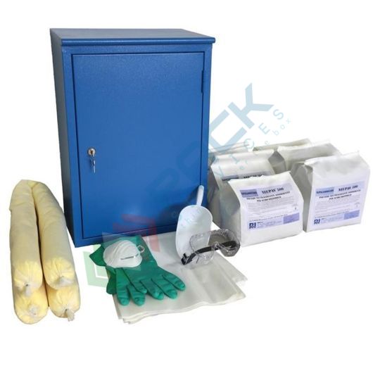 [KIT-ASA32] Kit di pronto intervento per acido solforico, capacità assorbimento/neutralizzazione 32,4 Lt, confezionato in armadio metallico pensile