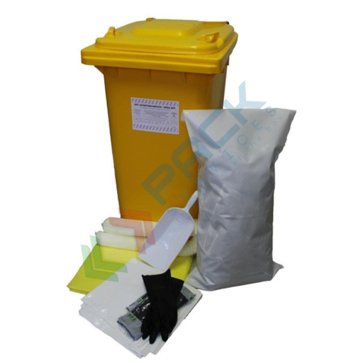 [KIT-ASB285] Kit di pronto intervento per acido solforico, carrellato, capacità assorbimento/neutralizzazione 285 Lt, confezionato in bidone con ruote