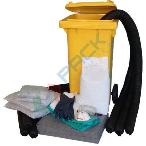 [KIT-CC126] Kit di pronto intervento cantieristico, carrellato, capacità assorbimento 126 Lt, confezionato in bidone con ruote