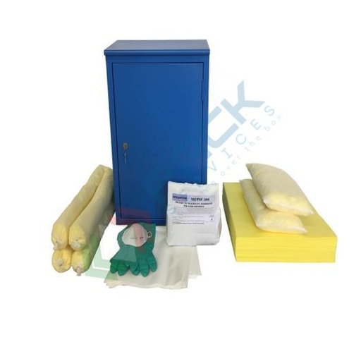 [KIT-CHA048] Kit di pronto intervento per prodotti chimici, capacità assorbimento 60 Lt, confezionato in armadio metallico pensile con serratura, 1 anta e 2 ripiani