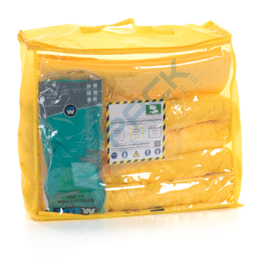 [KIT-CHB050] Kit di pronto intervento per prodotti chimici, portatile, capacità assorbimento 60 Lt, confezionato in borsetta portatile trasparente