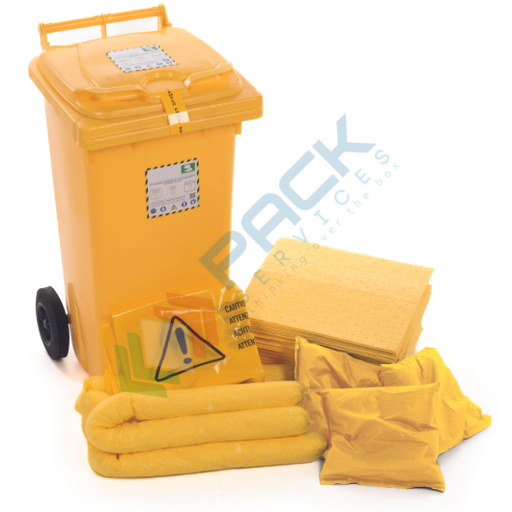 [KIT-CHC240] Kit di pronto intervento per prodotti chimici, carrellato, capacità assorbimento 240 Lt, confezionato in bidone con ruote