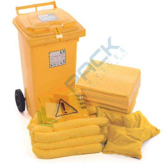 [KIT-CHC360] Kit di pronto intervento per prodotti chimici, carrellato, capacità assorbimento 360 Lt, confezionato in bidone con ruote