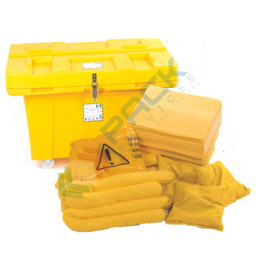 [KIT-CHC700] Kit di pronto intervento per prodotti chimici, carrellato, capacità assorbimento 700 Lt, confezionato in cassonetto con ruote