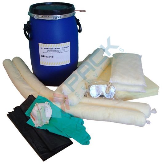 [KIT-CHL040] Kit di pronto intervento per prodotti chimici, capacità assorbimento 40 Lt, confezionato in fusto cilindrico in polietilene a bocca larga con maniglie
