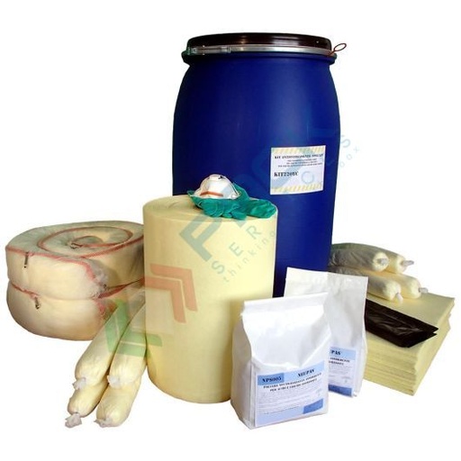 [KIT-CHL249] Kit di pronto intervento per prodotti chimici, capacità assorbimento 249 Lt, confezionato in fusto cilindrico in polietilene a bocca larga