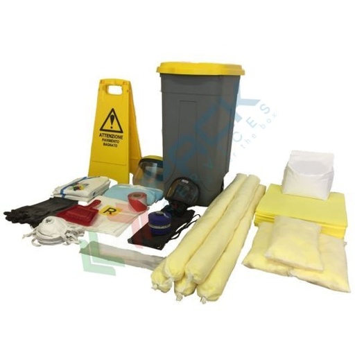 [KIT-CHM050] Kit di pronto intervento per rischio chimico, capacità assorbente 50 Lt, confezionato in bidone carrellato