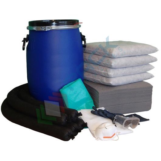 [KIT-CL077] Kit di pronto intervento cantieristico, capacità assorbimento 77 Lt, confezionato in fusto cilindrico in polietilene a bocca larga omologato ONU