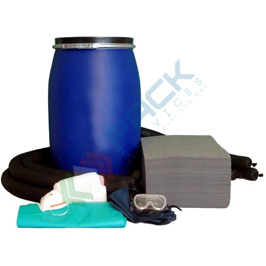 [KIT-CL143] Kit di pronto intervento cantieristico, capacità assorbimento 143 Lt, confezionato in fusto cilindrico in polietilene a bocca larga omologato ONU