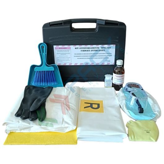 Kit di pronto intervento per farmaci antiblastici, confezionato in valigetta in polipropilene robusta e resistente agli urti