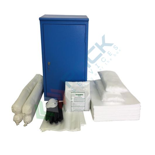 [KIT-OLA044] Kit di pronto intervento per oli ed idrocarburi, capacità assorbimento 64 Lt, confezionato in armadio metallico pensile con serratura, 1 anta e 2 ripiani