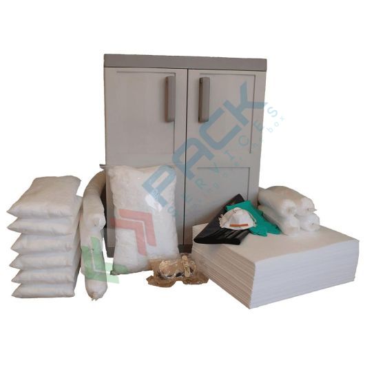 [KIT-OLA140] Kit di pronto intervento per oli ed idrocarburi, capacità assorbimento 140 Lt, confezionato in armadio in polietilene con due ante e due ripiani
