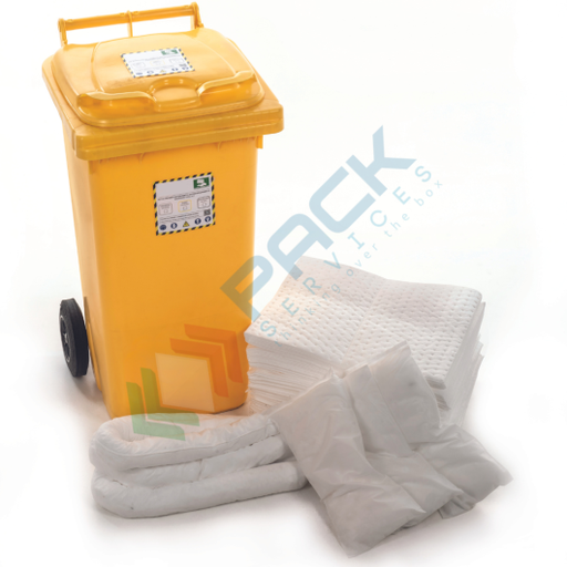 [KIT-OLC240] Kit di pronto intervento per oli ed idrocarburi, carrellato, capacità assorbimento 245 Lt, confezionato in bidone su ruote