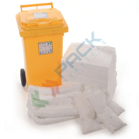 [KIT-OLC360] Kit di pronto intervento per oli ed idrocarburi, carrellato, capacità assorbimento 360 Lt, confezionato in bidone su ruote