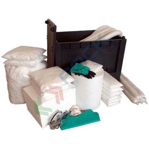 [KIT-OLC380] Kit di pronto intervento per oli ed idrocarburi, carrellato, capacità assorbimento 380 Lt, confezionato in cassa pallet con ruote