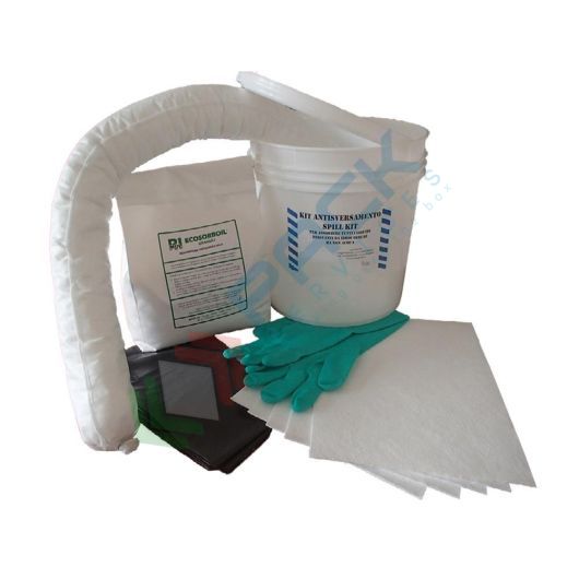 [KIT-OLP012] Kit di pronto intervento per oli ed idrocarburi, portatile, capacità assorbimento 15 Lt, confezionato in secchio in plastica con manico
