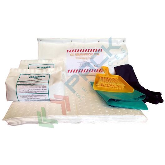 [KIT-OLP015] Kit di pronto intervento per oli ed idrocarburi, portatile, capacità assorbimento 15 Lt, confezionato in busta in PLT compatta economica, adatto per assorbimento e pulizia