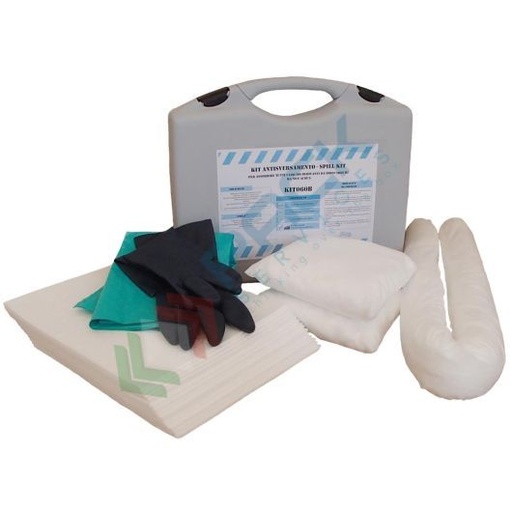 [KIT-OLP020] Kit di pronto intervento per oli ed idrocarburi, portatile, capacità assorbimento 20 Lt, confezionato in valigia in PP robusta e resistente agli urti