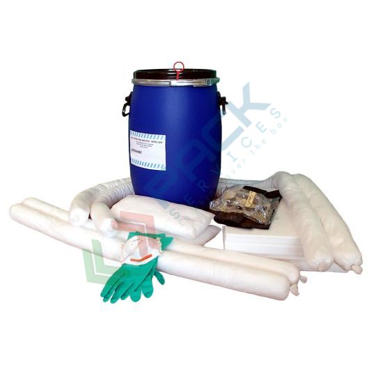 [KIT-OLR075] Kit di pronto intervento per oli ed idrocarburi, capacità assorbimento 75 Lt, confezionato in fusto cilindrico in polietilene a bocca larga con maniglie