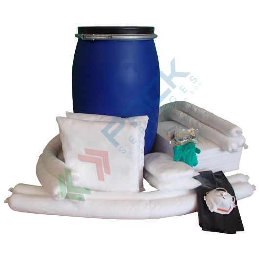 [KIT-OLR142] Kit di pronto intervento per oli ed idrocarburi, capacità assorbimento 142 Lt, confezionato in fusto cilindrico in polietilene a bocca larga
