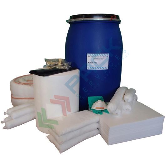 [KIT-OLR249] Kit di pronto intervento per oli ed idrocarburi, capacità assorbimento 249 Lt, confezionato in fusto cilindrico in polietilene a bocca larga