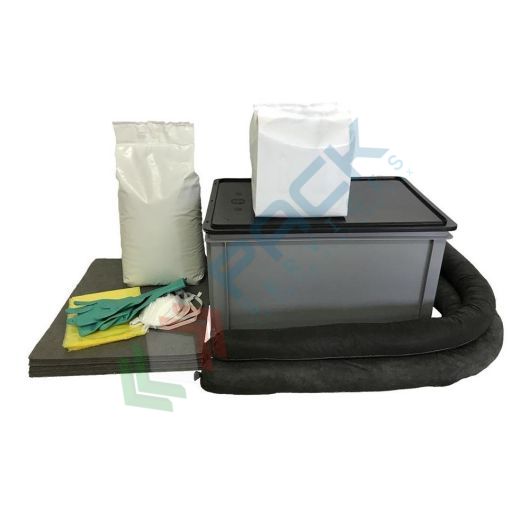 Kit di pronto intervento universale, portatile, capacità assorbimento 80 Lt/neutralizzante 25 Lt, confezionato in cassetta in polietilene con coperchio a slitta