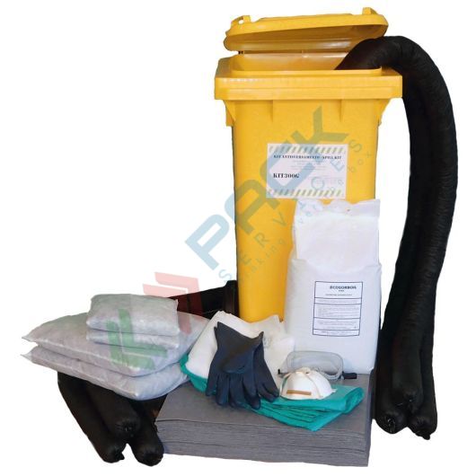 [KIT-UNC110] Kit di pronto intervento universale, carrellato, capacità assorbimento 110 Lt, confezionato in bidone con ruote