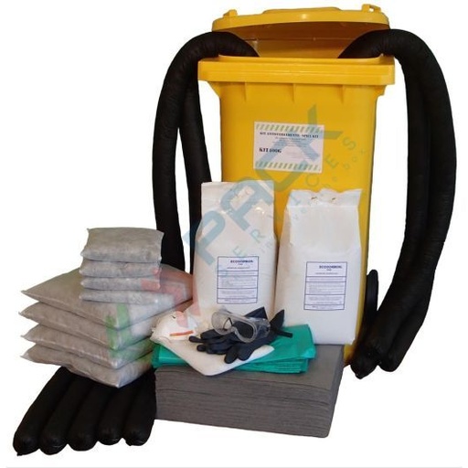 [KIT-UNC220] Kit di pronto intervento universale, carrellato, capacità assorbimento 220 Lt, confezionato in bidone con ruote
